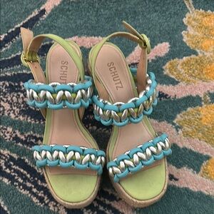 SCHUTZ Braided Green and Turquoise Sandals